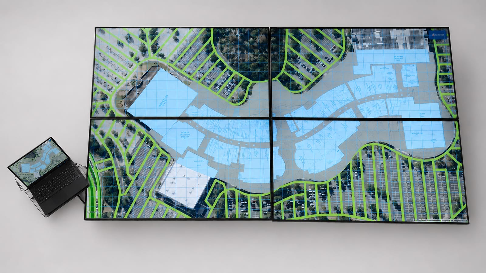 Top-down view of a Counterstrike Terrain Large display, four flat-panel monitors assembled into a 96 by 48 inch flat training surface with a customer laptop at one corner