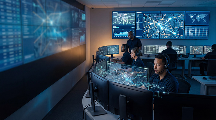 Thumbnail a busy 911 dispatch center is pictured with large electronic wall displays