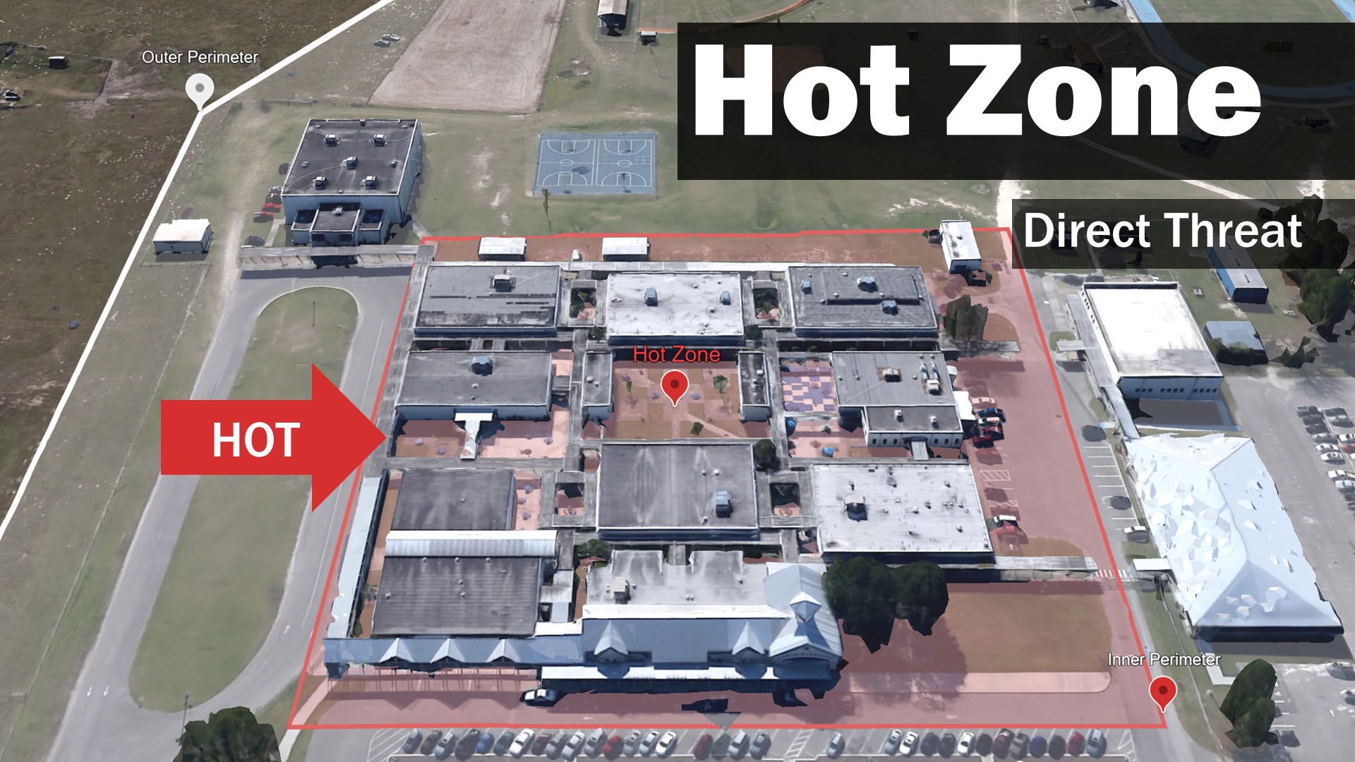 A school campus with a red semi-transparent overlay illustrating a Hot Zone