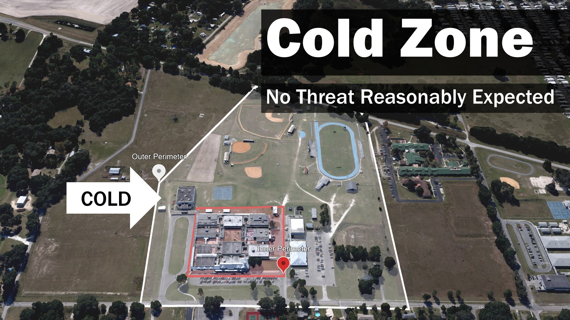 A school campus with a white semi-transparent overlay illustrating a Cold Zone