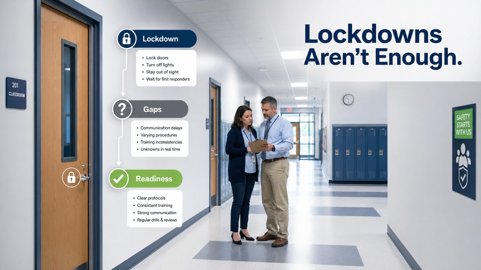 Two school administrators stand in a hallway discussing lockdown