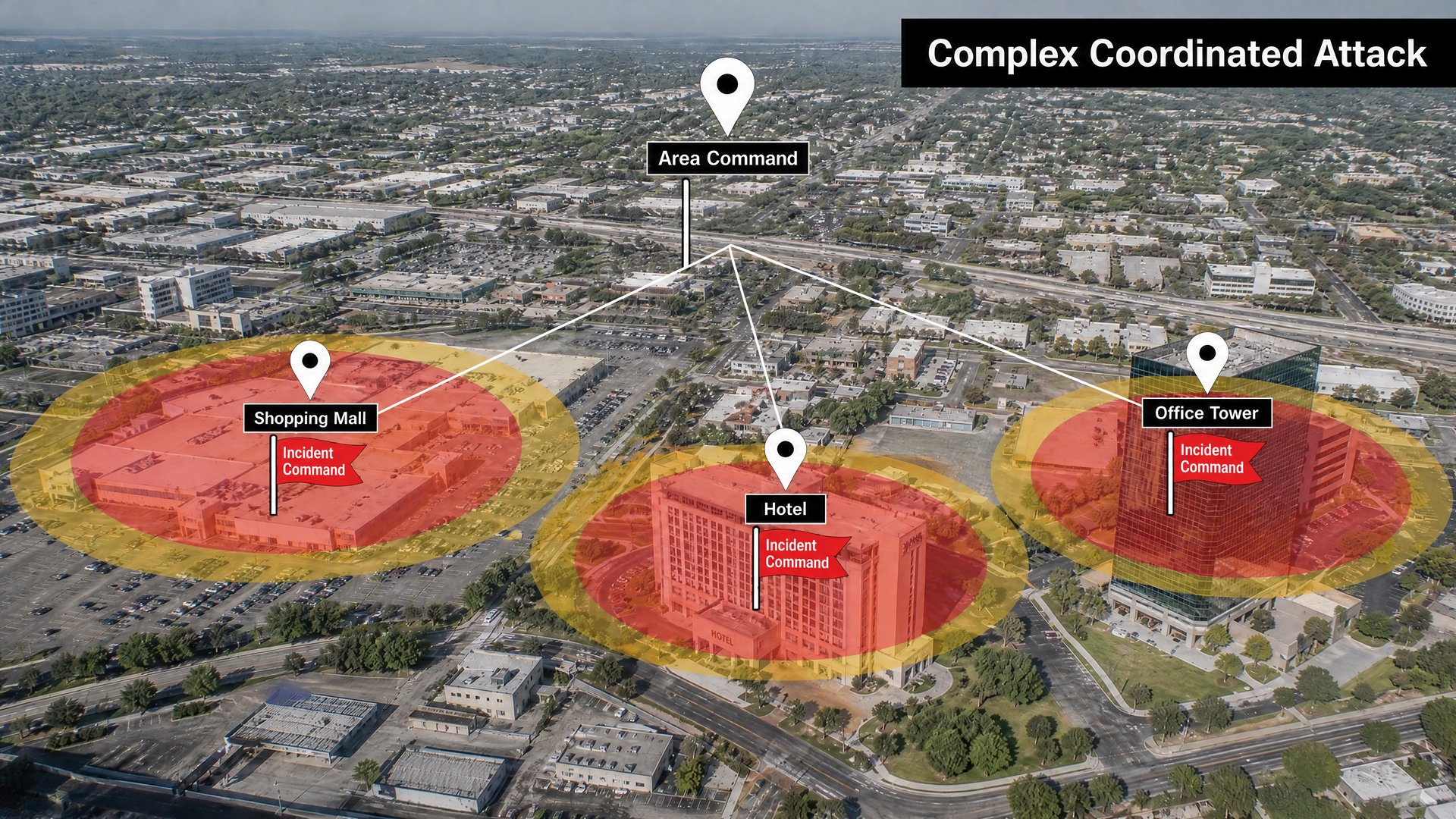 Aerial map of a Complex Coordinated Attack with Area Command linked to separate Incident Commands at a shopping mall, a hotel, and an office tower