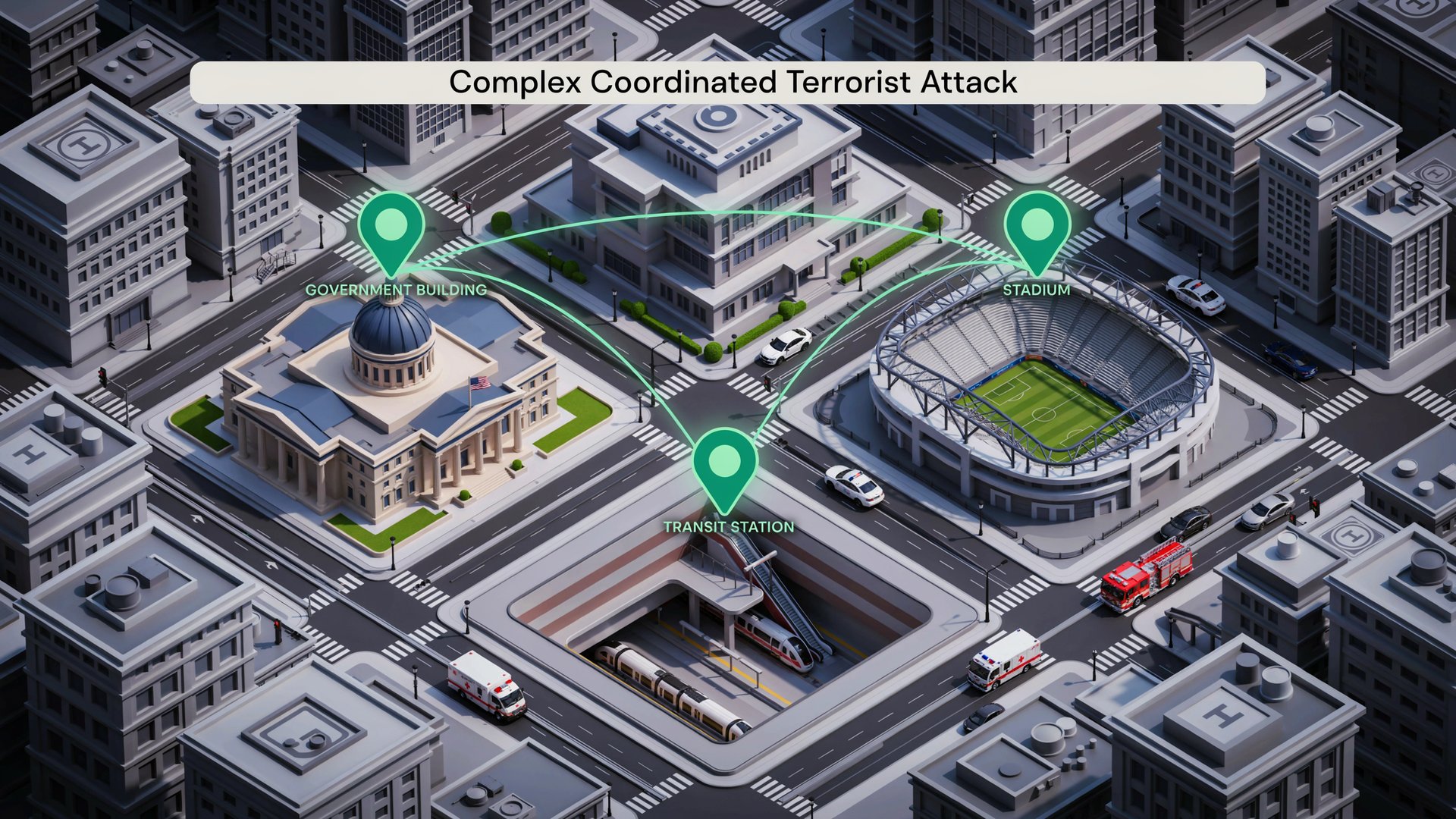 3D city map of a Complex Coordinated Terrorist Attack linking simultaneous incident sites at a government building, a stadium, and a transit station