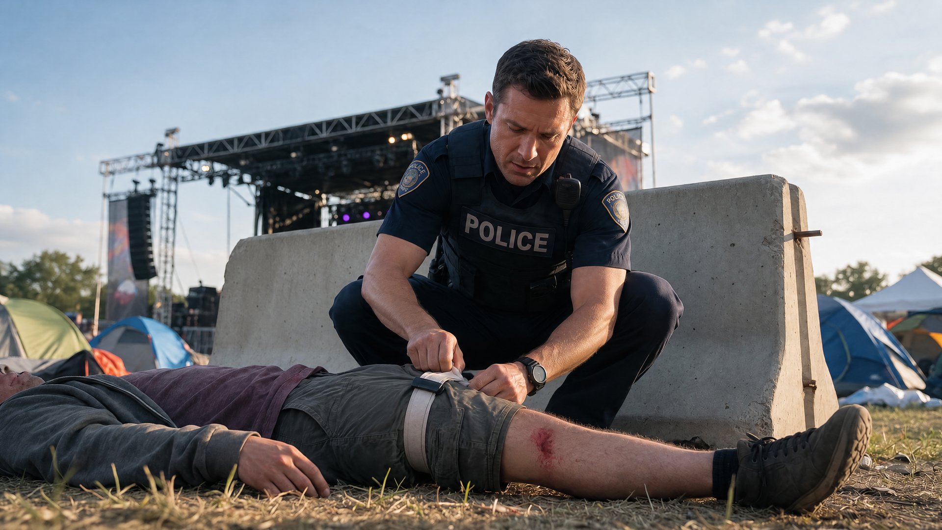 Police officer behind a concrete barrier at an outdoor concert applying a tourniquet high on a casualty's thigh during Direct Threat Care