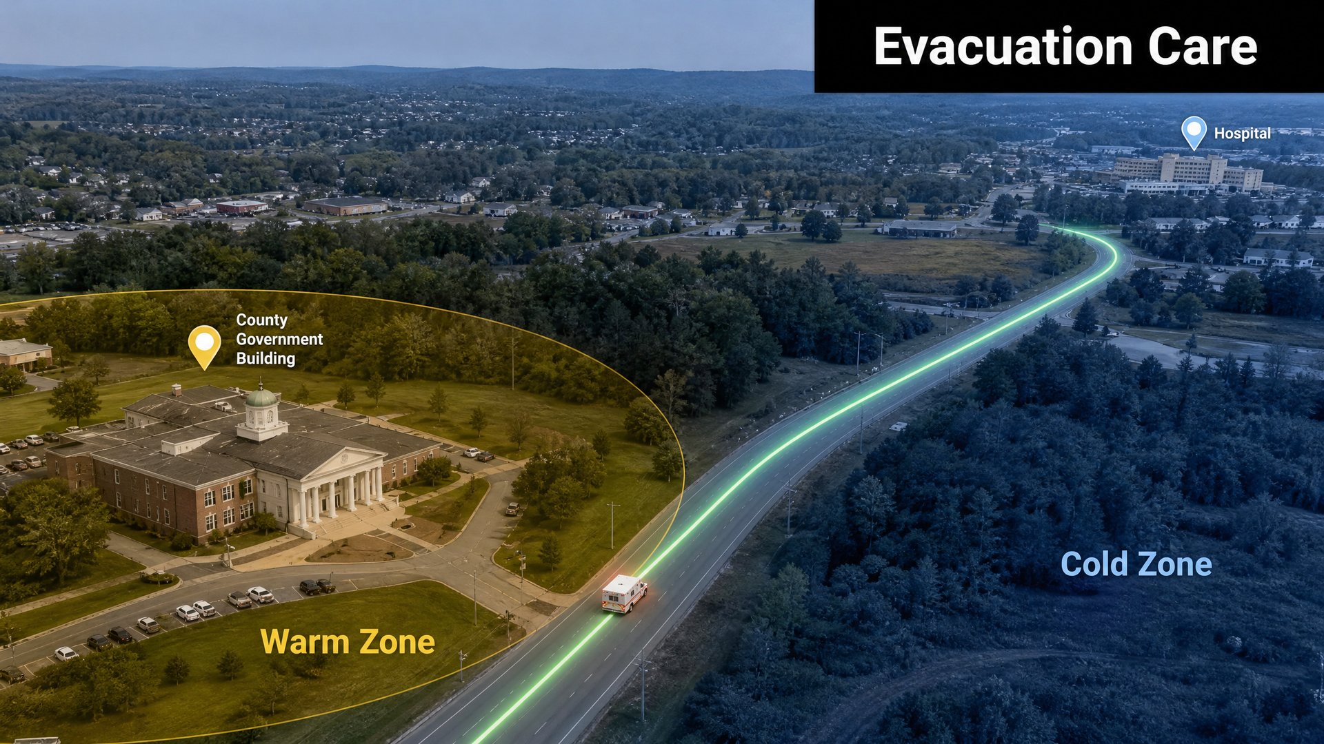Aerial view of an ambulance leaving the Warm Zone around a county government building on a highlighted route to the hospital during Evacuation Care