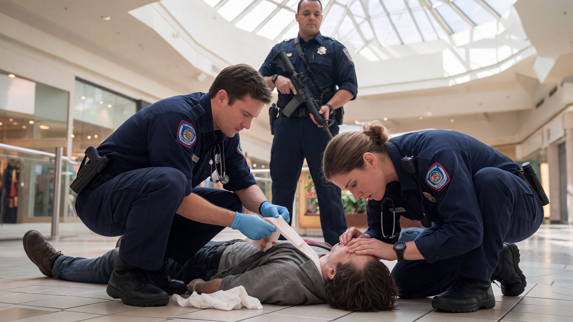 Medics treat a casualty on a shopping mall floor while a police officer with a patrol rifle provides security during Indirect Threat Care