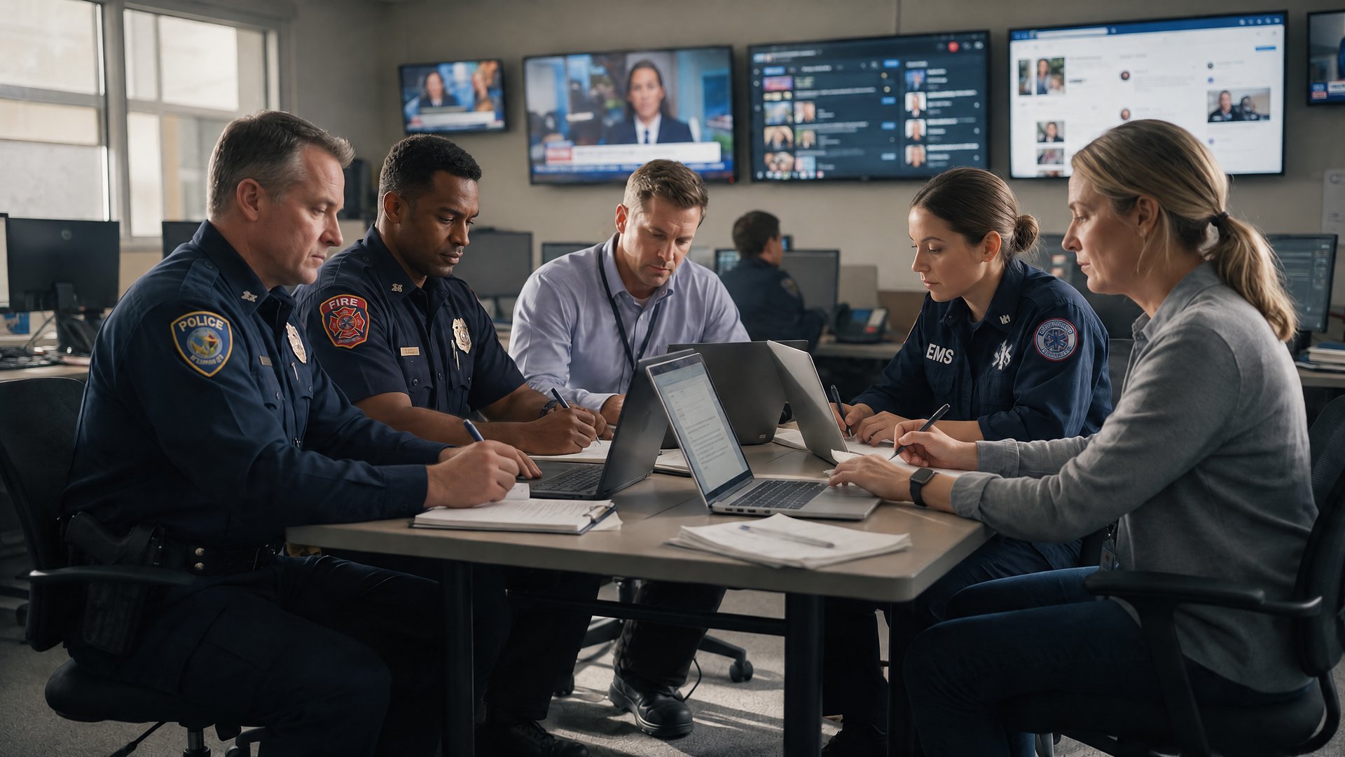 Police, fire, EMS, and civilian public information officers work together at a table in a Joint Information Center with news monitors on the wall
