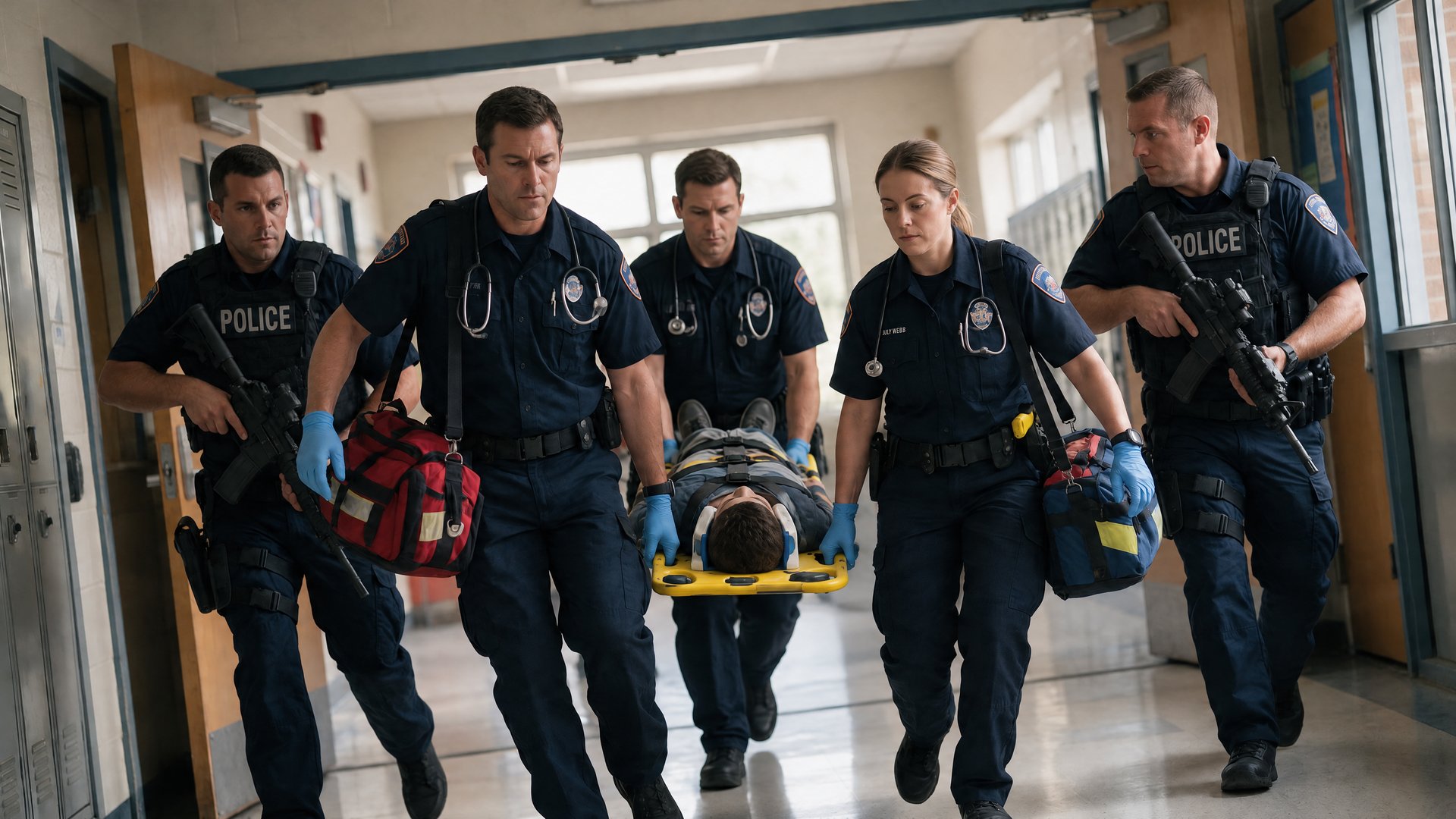 Rescue Task Force moving down a school hallway, with medics carrying a patient on a backboard between two police officers with patrol rifles