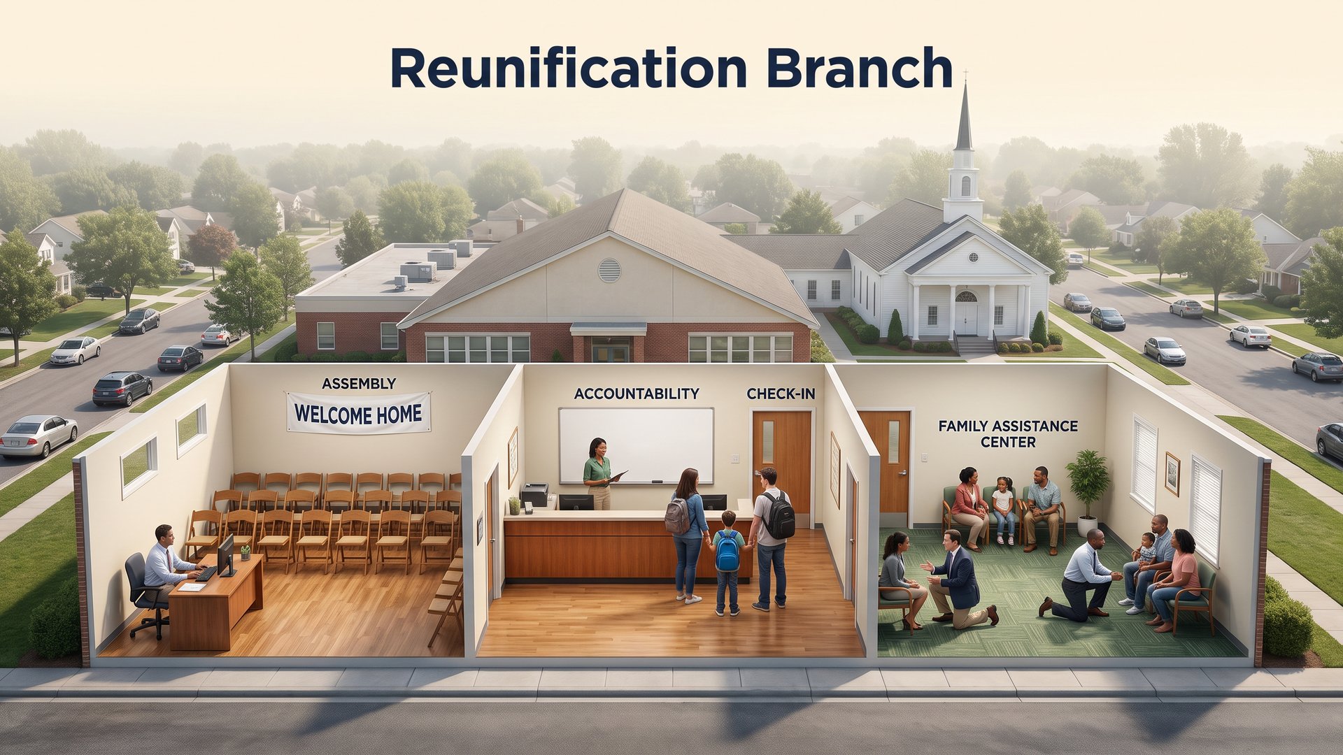 Cutaway illustration of a Reunification Branch site with assembly, check-in and accountability, and Family Assistance Center areas inside a school and church