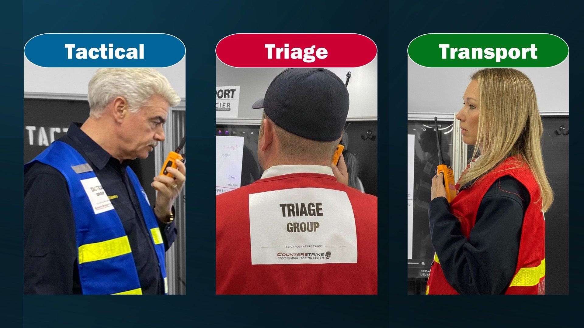 Tactical, Triage, and Transport Group Supervisors in color-coded vests communicate by radio during an active shooter incident management exercise