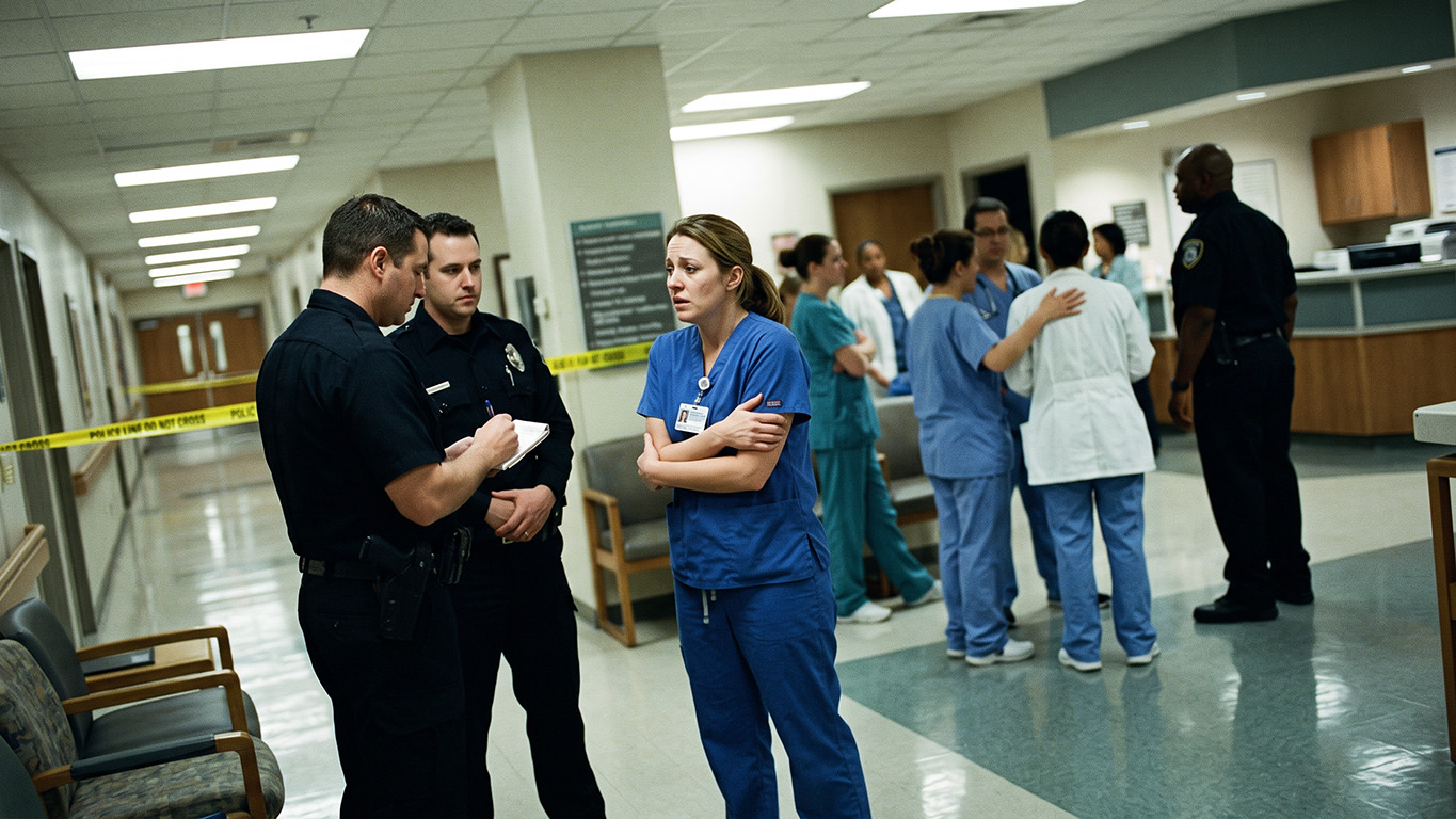 Police officers take a statement from a shaken nurse in a hospital corridor taped off with police line tape while staff comfort one another nearby